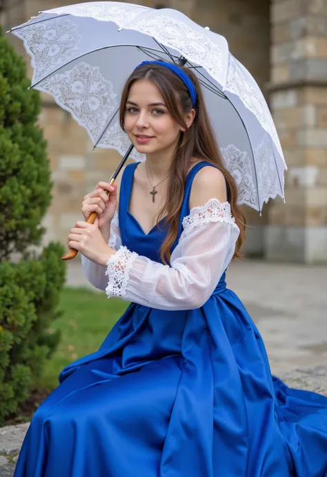 young German brunette woman    ,  beautiful eyes .    long brown hair with ponytail    .    hairband   ,  necklace with cross ,  long blue shiny satin baroque dress with white lace sleeves ,  transparent lip gloss   , slim building  , pretty, 2,    full bo...