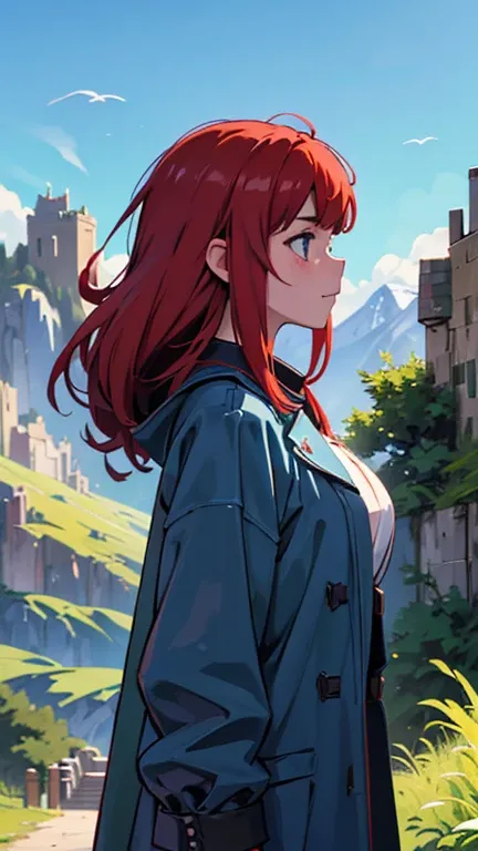  A scene from a movie ， High Definition Video Astepiece 、an illustration、( Located in a remote mountainous area 、 A huge military fortress made of steel .)、 pale blue sky 、 sunlight 、 nature、(mountains)、 unsaturated 、( A girl in a navy blue coat standing i...