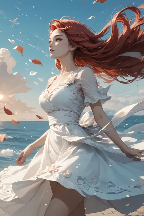 A beautiful woman with long red hair blowing in the wind, a summer dress, Stands on the coast, Wellengang ,Wind, and sunset,