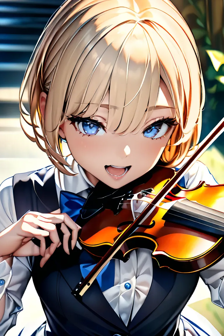 Anime girl playing violin with short blond hair and blue eyes , high resolution,  Masterpiece, 最高 quality,  anatomically correct,  won numerous awards ,  DETAILS , 高い DETAILS ,  quality,  high definition model, 高 quality,  very detailed,  , Aperture F2.8, ...