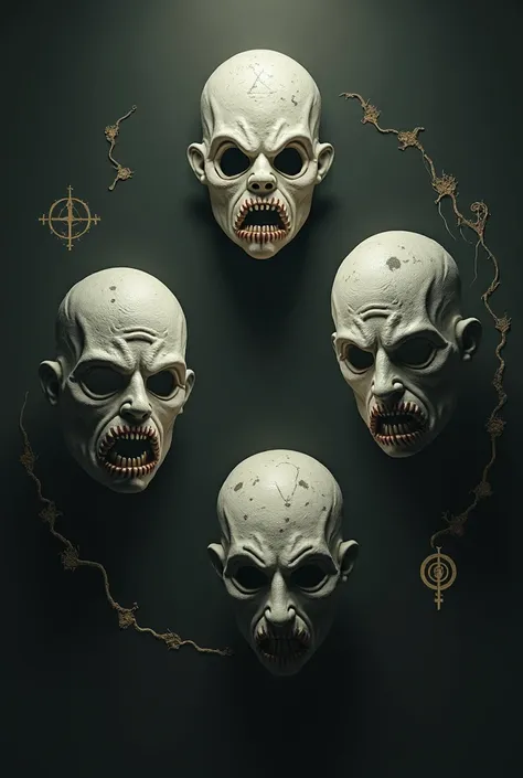  four floating masks with disturbing expressions,  surrounded by strange symbols and with the title  "Four Cursed Languages "  in a mysterious style .  Add the name 