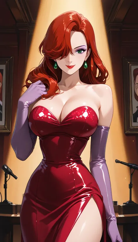 (1girl,MainRedDress_JessicaRabbit_ownwaifu), (extremely detailed CG unit 8k wallpaper),(master part), (best quality), (ultra detail), (best illustration),(ghibli_style), cowboy shot, standing, facing viewer, looking at viewer, perfect face, perfect eyes, p...