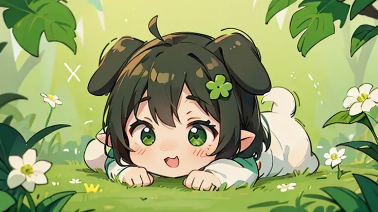 Puppy with droopy ears、 four-leaf clover、 happy feeling close to nose 　