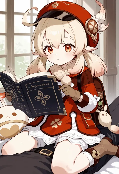 Klee. Genshin Impact. Appearance: pale skin, orange eyes, blonde hair in pigtails, and elf ears. Clothing: a red flat hat with a feather on top, light brown gloves, a fluffy scarf with a pompom, a dark reading backpack, a red coat with a black top and a wh...