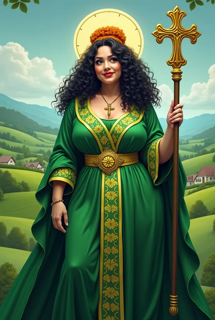 Curvy woman with dark orange curly hair disguised as Saint Patrick
