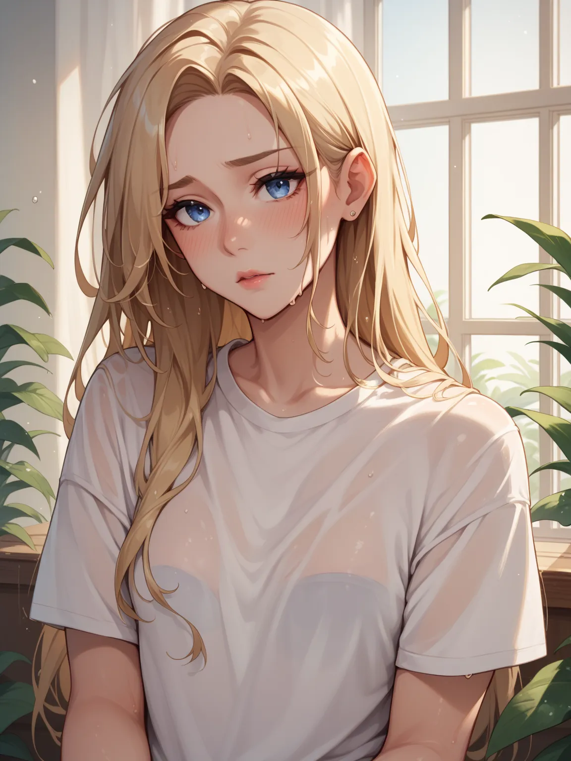 Woman with long hair looking towards her swollen and slightly small chest wearing a wet white T-shirt,  has light blue eyes with her slightly pale skin ,  she is blond her hair is light blond then  , She wears gold jewelry she is shy  