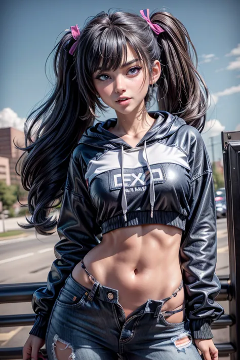 1girl, solo, long hair, open hoodie, midriff, looking at viewer, sexy, pants low on hips, ((unbuttoned pants)), cowboy shot, (full body portrait), ((black hair)), hip-hop, lips, sexy mouth, ribbon, hair ribbon, bangs, upper body, part side up, blue eyed, b...