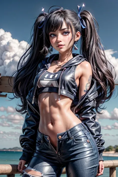 1girl, solo, long hair, open hoodie, midriff, looking at viewer, sexy, pants low on hips, ((unbuttoned pants)), cowboy shot, (full body portrait), ((black hair)), hip-hop, lips, sexy mouth, ribbon, hair ribbon, bangs, upper body, part side up, blue eyed, b...