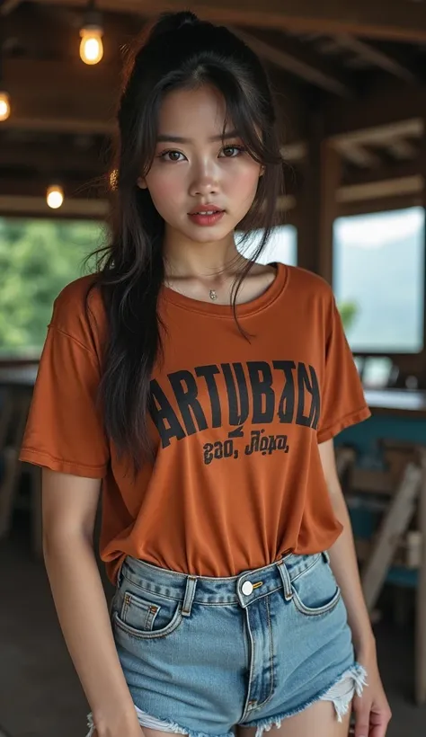  3d 8k photo taken with high quality camera, The sun at noon, very bright , Asian girl with round face ,  seductive smile,  sexy in various poses ,  Exciting action , Outdoor on the mountain,rain, rainหนักมาก, Rain, It's raining ,, Standing among the canna...