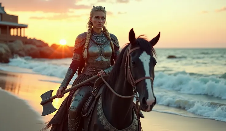 Hyper realistic eye level exterior photo of a mid century modern style house overlA powerful Viking warrior woman with braided blonde hair, wearing intricately detailed leather and steel armor adorned with Norse patterns, riding a strong black horse along ...