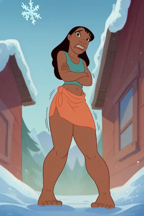 score_9_up, score_8_up, score_7_up, 1girl, solo, n4niP, nani, dark-skinned female, brown eyes, black hair, looking at viewer, sleeveless, turquoise bikini top, midriff, legs, lips, hips, cold freezing, shivering, shaking, snow, winter, background, High Res...