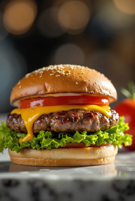 A professional photography with a bun burger, lettuce, 1 meat, cheddar cheese, tomato, on a table, Tasty burger, professional photography, 8k, advertisement style composition, TV commercial style