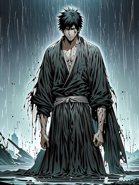 1 ,  male approach, kurosaki ichigo, bleach,  White skull mask on the face， disheveled black hair， black hakama pants ，(Tai Dao black :1.3)， damaged clothing，exterior，rain， very aesthetic ， illustration，  Perfect composition，wet skin， intricate details