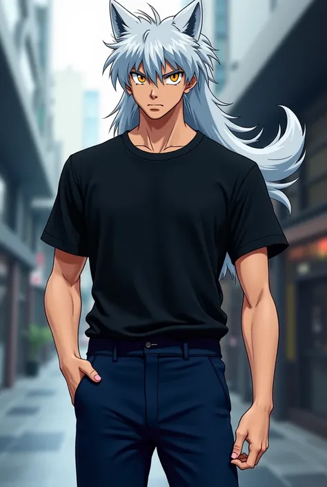 Inuyasha wearing a black t-shirt and navy blue pants