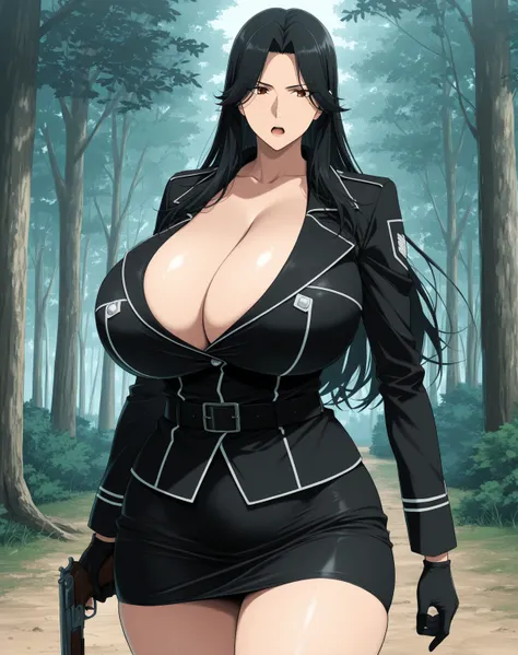 score_9, score_8_up, score_7_up, source_anime, 1woman, huge breasts, large breasts, curvy, voluptuous, black hair (parted bangs), brown eyes, long hair, black uniform, neckline, short skirt, black gloves, black belt, serious, open mouth, standing, firearm ...