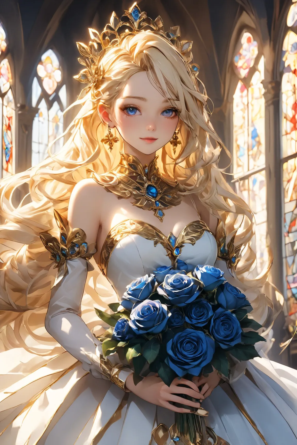  A mystical aura ,  shining with dazzling sunlight from Gothic-style stained glass .   The majestic church is illuminated by the golden color of magical energy 。
  A beautifully dressed woman with feather decoration  , eine Colombina-Maske ,   and a red Ve...