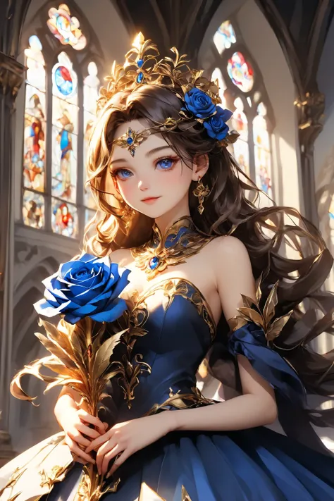  A mystical aura ,  shining with dazzling sunlight from Gothic-style stained glass .   The majestic church is illuminated by the golden color of magical energy 。
  A beautifully dressed woman with feather decoration  , eine Colombina-Maske ,   and a red Ve...