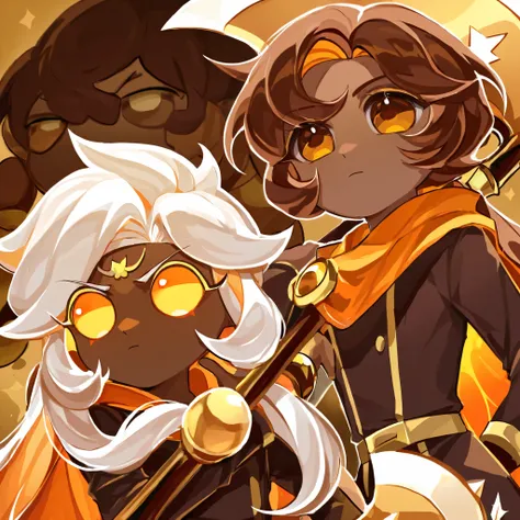 Character from Cookie Run Kingdom, a dark brown cookie, long cream-white hair with orange locks, orange slanted eyes, robust, dark brown men's uniform with light brown and white tones, a black and gold layer, a weapon such as a heavy and large axe, cookie ...