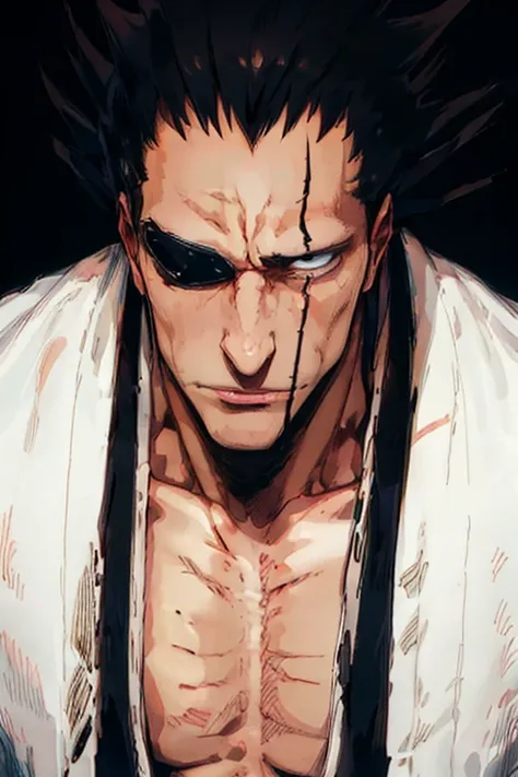 ( ultra detailed), ( illustration), (distinct_{{image), ( intricate_ details), (delicate  illustration),( masterpiece:1.2),( the best quality :1.2), Kenpachi Zaraki,  dark background,