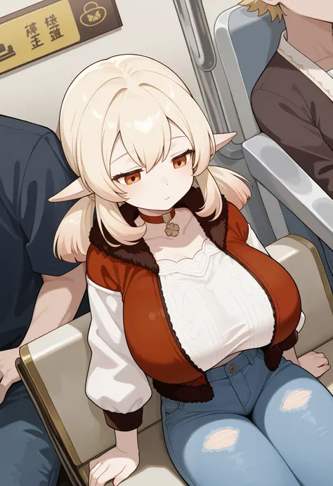 Klee. Genshin Impact. Appearance: pale skin, orange eyes, blonde hair in pigtails, and elf ears.  | choker. train, bored, closed mouth, sitting, looking down, trimmed jacket, tsirt. jeans, cowboy shot, dutch angle, public indecency, nonchalant, solo focus,...