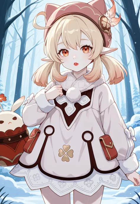 Klee. Genshin Impact. Appearance: pale skin, orange eyes, blonde hair in pigtails, and elf ears.  |  looking at viewer, red lips, cowboy shot, fur-trimmed jacket, pink beanie, pawg, nose. snow forest. 