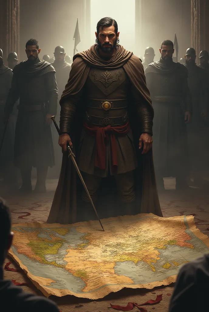 standing character,  with a determined expression ,  pointing to a map showing different cultures and lands. In the background, you can see shadows of soldiers or conquerors .