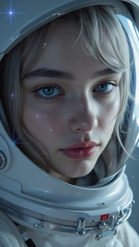 ( A close-up of a better masterpiece:1.5)0.9], (Space and astronauts:1.2) ( Messy silver hair :1.1) ( heterochromia xanthochromia and blue eyes:1.2) (Raumhelm:1.0) (Colored stars in the eyes:1.0) (A radiant shine:1.1) ( Full lips:0.9)