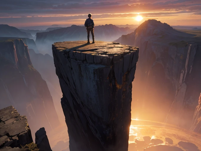  featuring a human standing on the edge of a high cliff ,  looking down with an expression of fear ,  depicting a fear of heights .  The background is a clear sky with a deep abyss below, with soft lighting and clear golden sunset color