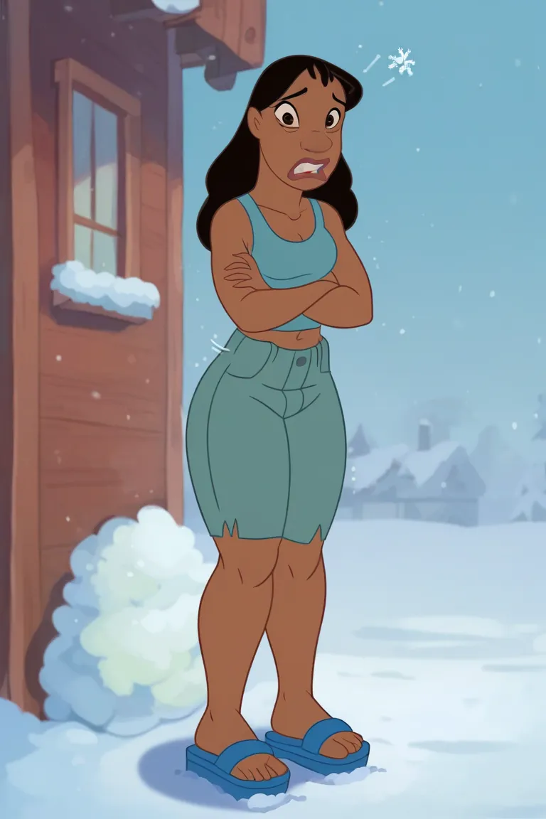 score_9_up, score_8_up, score_7_up, 1girl, solo, n4niP, nani, dark-skinned female, brown eyes, black hair, looking at viewer, sleeveless, midriff, legs, lips, hips, cold freezing, shivering, shaking, snow, winter, background, High Resolution, Accurate, Bes...