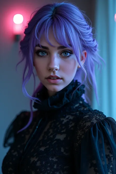  Masterpiece ,  award-winning (фото realistic),  photo , fashion. dark tale:  Victoria's Secret model in a fabulous outfit with a dark twist .  big blue eyes .a care . Her hair is light purple , and makeup ,  which includes mystical illusions with a play o...