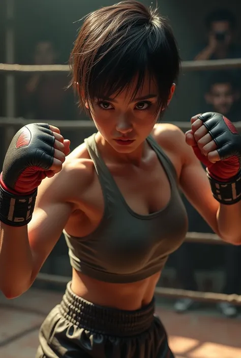 Girl fighting Muay Thai, Pixie Cut dark brown hair 