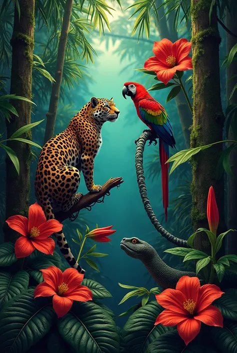 Realistic fotography collage, Real animals from the Amazon rainforest, jaguar,Macaw , mariposa and anaconda, tropical flowers, bamboo leaves , creepers,  moss-covered trunks , arroyo,  warm lighting , neon colors, arte conceptual,  high resolution, 8K,  ph...