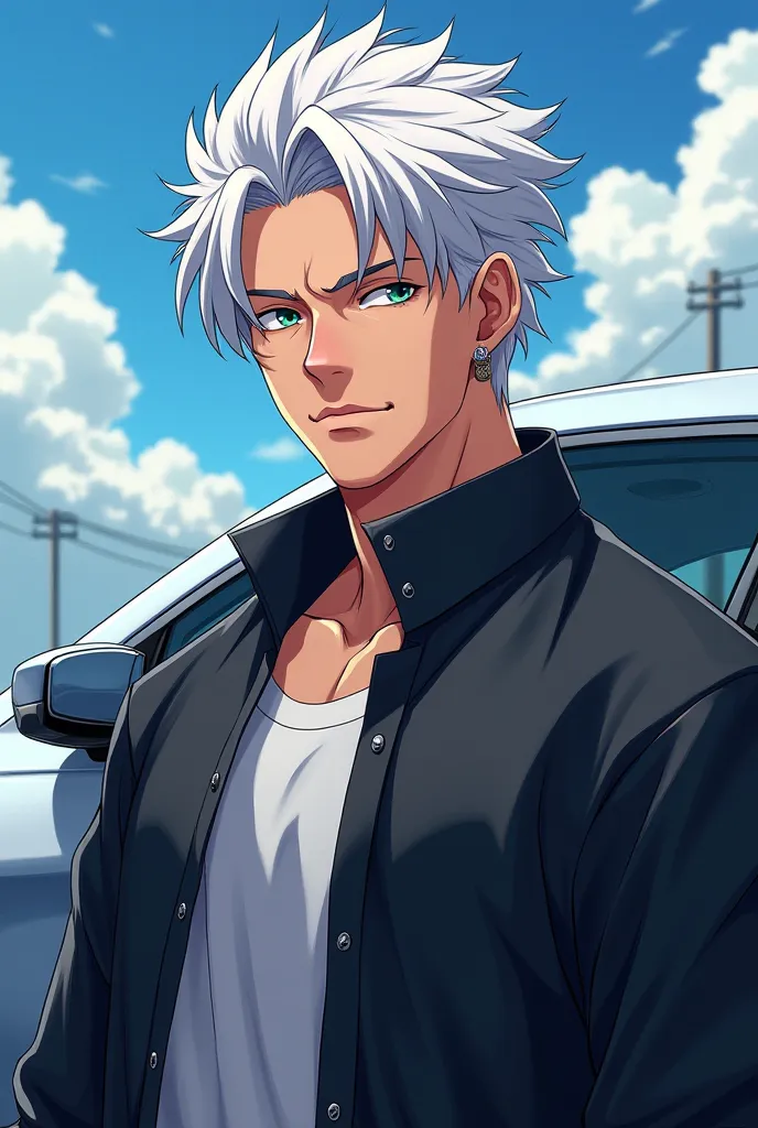  Anime style. 25 year old guy with broad shoulders and white hair,  bangs up , ear earrings .  A 25-year-old guy with broad shoulders and white hair is standing by the car with a smirk 