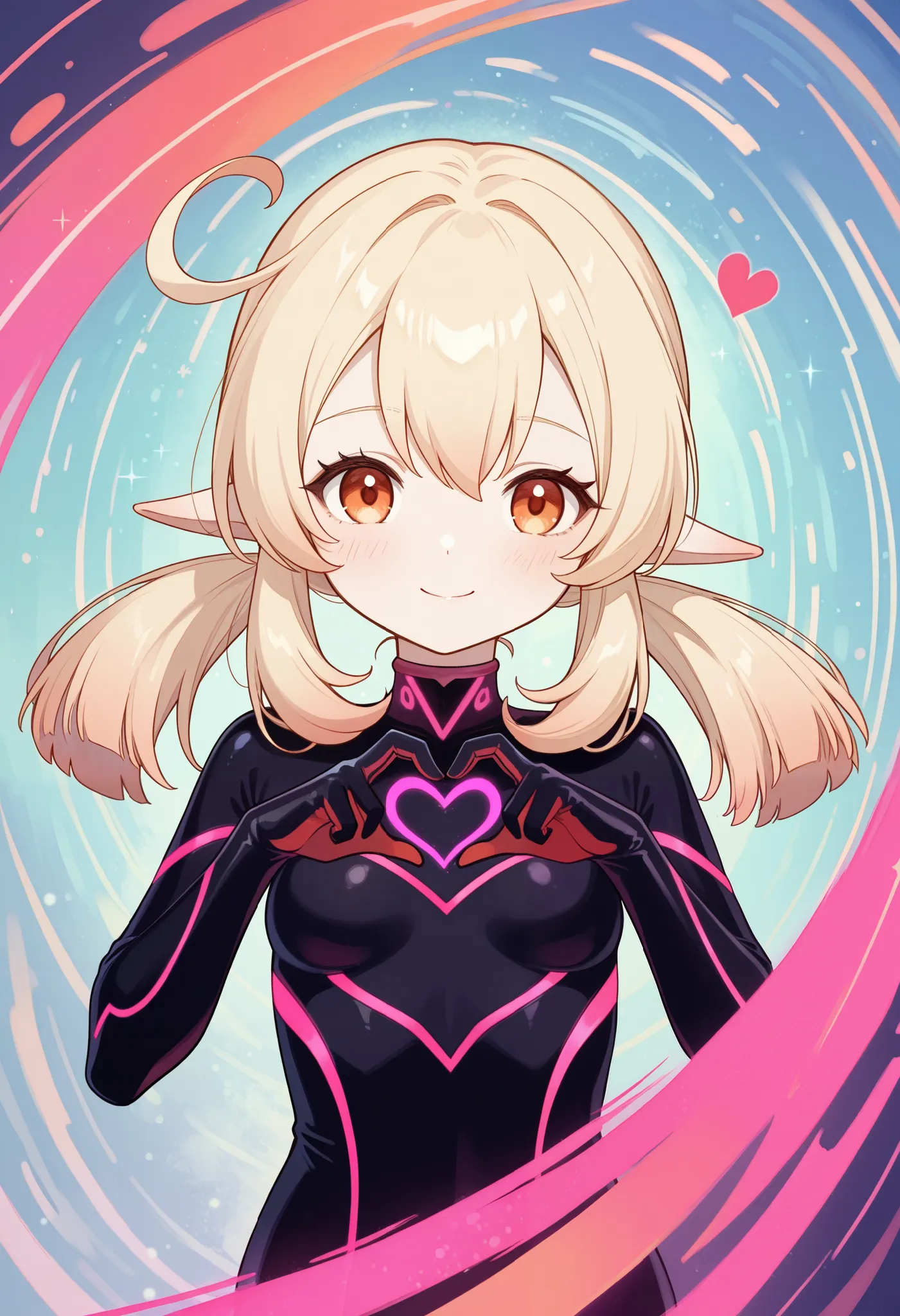 Klee. Genshin Impact. Appearance: pale skin, orange eyes, blonde hair in pigtails, and elf ears.  |  bodysuit, heart hands, abstract background, neon, smile, looking at viewer, face focus. small breasts
