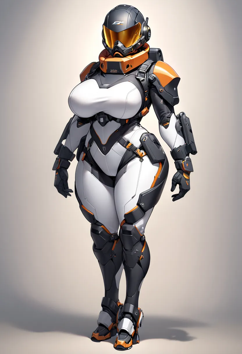 Top quality, powered suit,woman, sexy,full-face , full face helmet,covered  mouth, full body,from front,curvy,large breasts,standing,metal collar, 