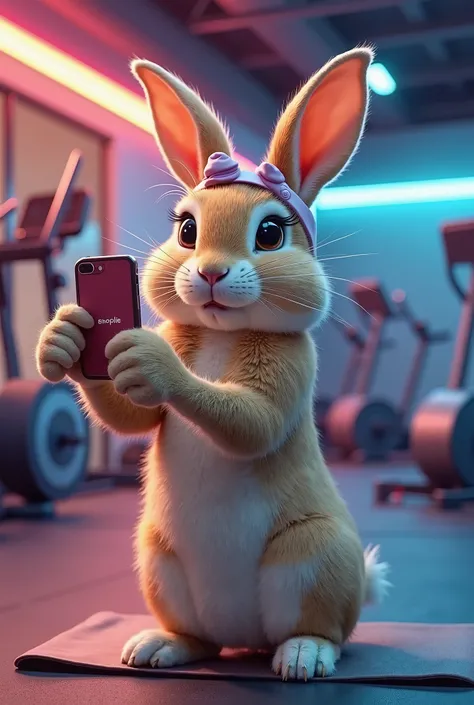 Un lapin fort et adorable debout sur ses pattes arrière dans une salle de sport moderne,  holding a smartphone with its front paws ,  taking a selfie . Le lapin a une expression joueuse, grands yeux ronds, et oreilles dressées .  He is wearing a small spor...