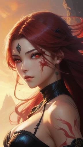 a woman with red hair and a white corset, she has red glowing scars on her cheeks and around her eyes. A glowing red gem is lodged between her breasts, and she wears a tight neck gaiter, fantasy art style, rossdraws 1. 0, epic fantasy art style, epic fanta...