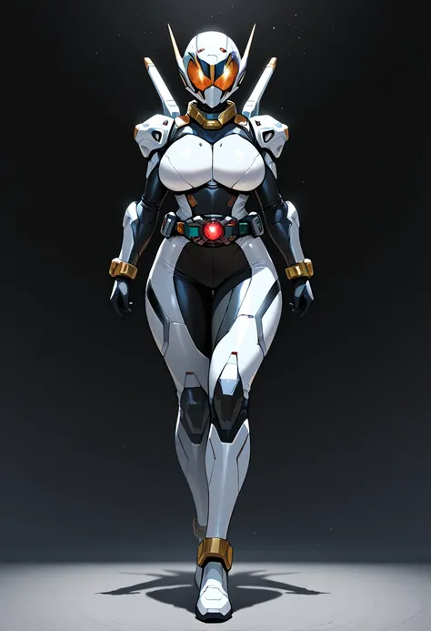 Top quality, powered suit,woman, sexy,full-face , full face helmet,covered  mouth, full body,from front,curvy,large breasts,standing,metal collar, rider belt