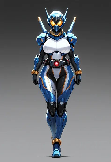 Top quality, powered suit,woman, sexy,full-face , full face helmet,covered  mouth, full body,from front,curvy,large breasts,standing,metal collar, rider belt