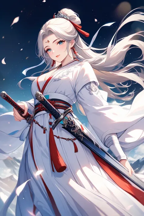 white hanfu， Beautiful Woman，Waist Sword