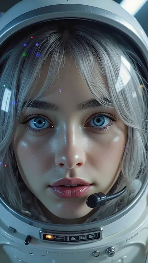 ( A close-up of a better masterpiece:1.5)0.9], (Space and astronauts:1.2) ( Messy silver hair :1.1) ( heterochromia xanthochromia and blue eyes:1.2) (Raumhelm:1.0) (Colored stars in the eyes:1.0) (A radiant shine:1.1) ( Full lips:0.9)