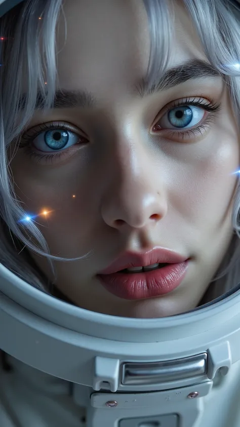 ( A close-up of a better masterpiece:1.5)0.9], (Space and astronauts:1.2) ( Messy silver hair :1.1) ( heterochromia xanthochromia and blue eyes:1.2) (Raumhelm:1.0) (Colored stars in the eyes:1.0) (A radiant shine:1.1) ( Full lips:0.9)