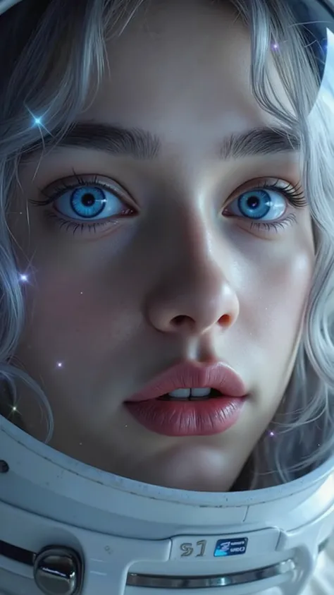 ( A close-up of a better masterpiece:1.5)0.9], (Space and astronauts:1.2) ( Messy silver hair :1.1) ( heterochromia xanthochromia and blue eyes:1.2) (Raumhelm:1.0) (Colored stars in the eyes:1.0) (A radiant shine:1.1) ( Full lips:0.9)