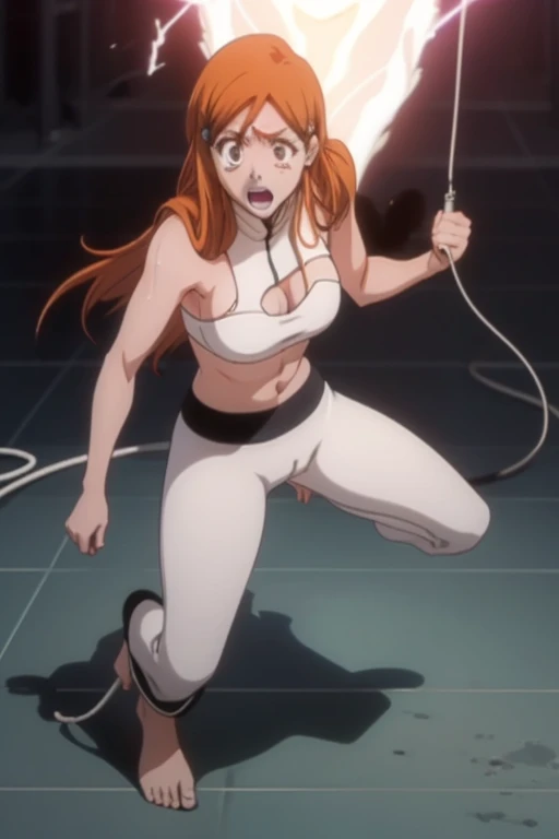 rating_explicit, sore_9, score_8_up, score_7_up, Orihime Inoue from Bleach , white bra,yoga pants,bare feet , full body, is put on an electric chair to be electrocuted to death she screams in pain while she is zapped to death, sweaty body, open mouth 