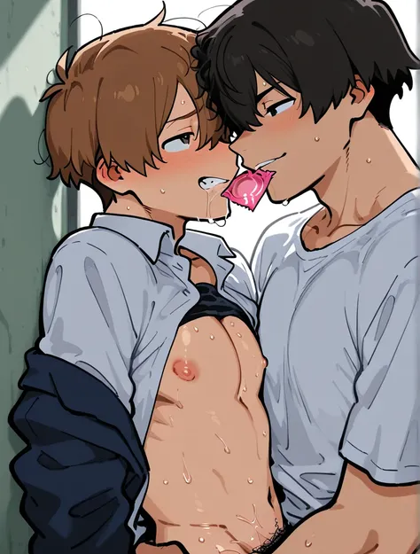 Two high school boys,Yaoi,Condom in mouth,