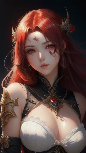 a woman with red hair and a white corset, she has red glowing scars on her cheeks and around her eyes. A glowing red gem is lodged between her breasts, and she wears a tight neck gaiter, fantasy art style, rossdraws 1. 0, epic fantasy art style, epic fanta...