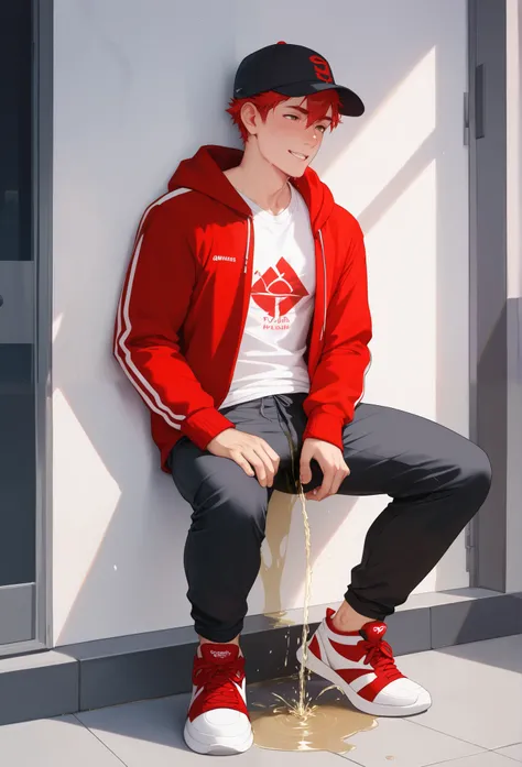 LiaqN.Red haired man.Handsome.Wearing a red hoodie cap black skinny Hi Top Sneakers.He couldn't hold his pee. There is a large pee wet spot on his crotch.Pee stain on his pants.Pee wet spot on his crotch.He is ashamed of peeing himself