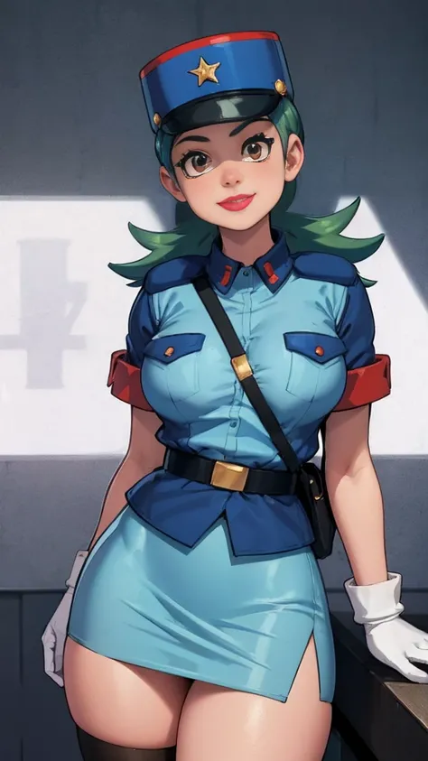 1girl, (20 years old), ((officer jenny from pokemon), green hair, brown eyes, lipstick), (young), (cute), (curvy), (big breasts), (thick thighs), slim waist, 
,
blue hat, police uniform, blue shirt, pencil skirt, micro skirt, short sleeves, thong straps, s...