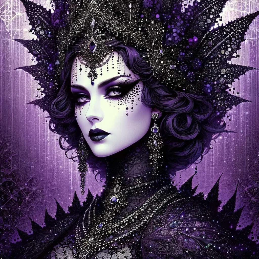 gothic aesthetics,  Portrait of the Gothic queen ,  The Art of Drawing Dots , Small points,  Spot shadows ,  Small Dashes ,  filling with fractals , high detail,  high resolution ,  game of colors and shadows ,  Gothic Palette ,  Gothic fractal background ...