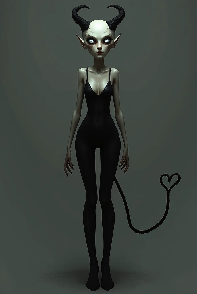 A skinny , eyes and tight black clothing,  shiny and black eyes,  hair, a thin tail with a heart at the tip, short horns on the head,  soft white skin 